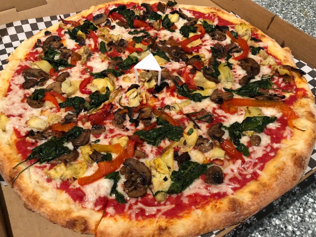 Located inside The Plaza, Pop Up Pizza offers a vegan pizza by the pie or slice. For more vegan options in Las Vegas, visit www.vegansbaby.com/vegansbaby2018