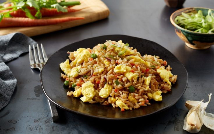 Easy vegan recipe for vegan fried rice with JUST Egg by Chef Kaimana Chee. For more vegan recipes, visit www.vegansbaby.com