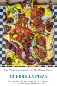 Guerrilla Pizza serves Detroit vegan pizza in Las Vegas. For more vegan pizza options in Las Vegas, visit www.vegansbaby.com