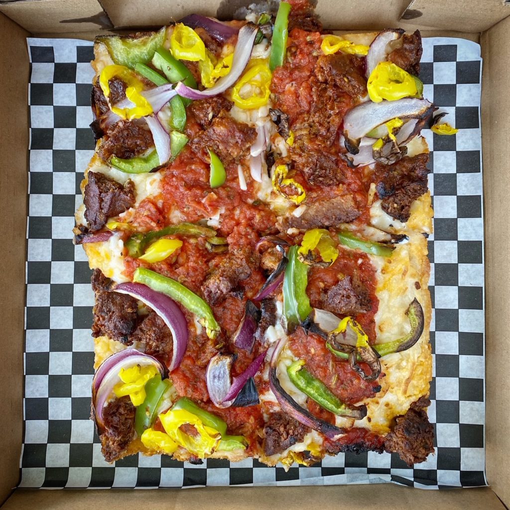 Guerrilla Pizza offers a vegan Detroit pizza in Las Vegas. For more vegan dining visit www.vegansbaby.com